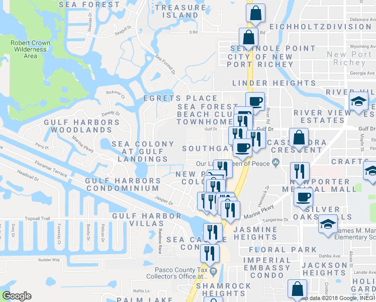 map of restaurants, bars, coffee shops, grocery stores, and more near 4930 Hazner Street in New Port Richey