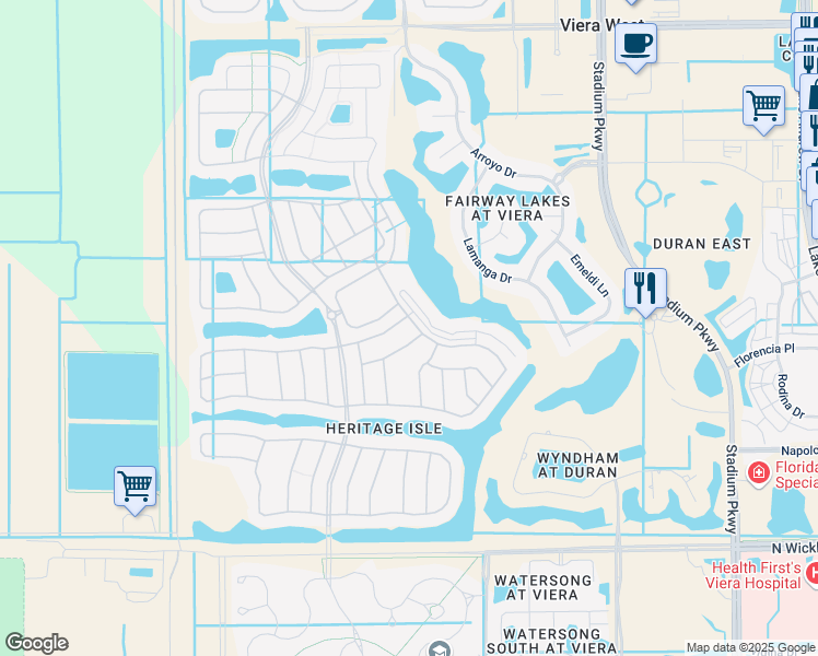 map of restaurants, bars, coffee shops, grocery stores, and more near 2520 Camberly Circle in Melbourne