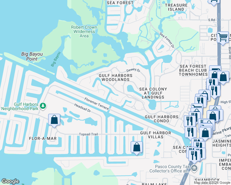 map of restaurants, bars, coffee shops, grocery stores, and more near 4405 Marine Parkway in Port Richey