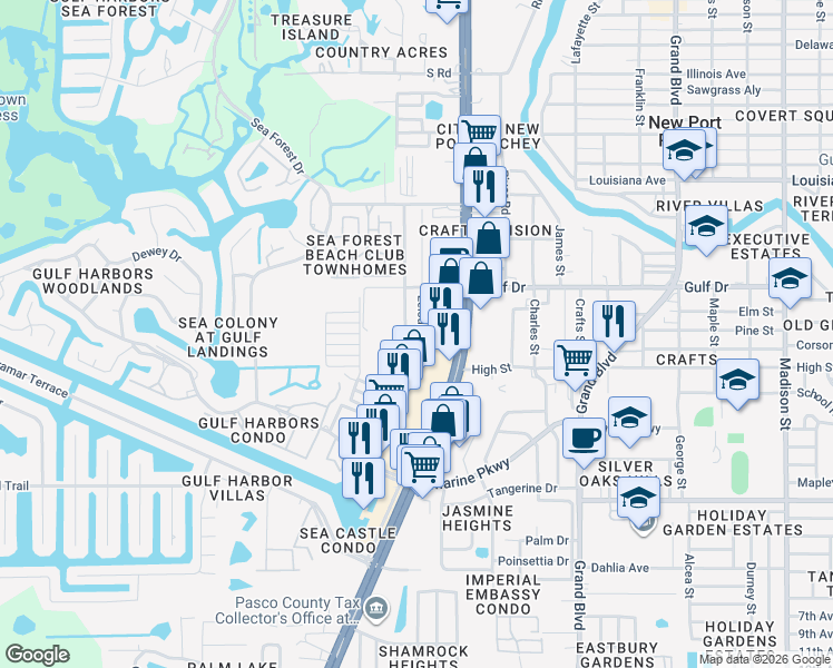 map of restaurants, bars, coffee shops, grocery stores, and more near 5359 Leisure Lane in New Port Richey