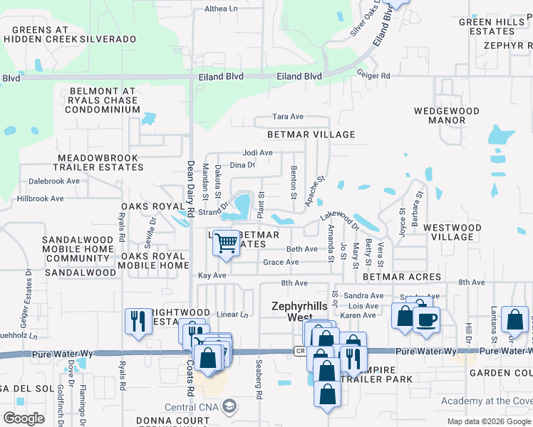 map of restaurants, bars, coffee shops, grocery stores, and more near 36740 Strand Drive in Zephyrhills