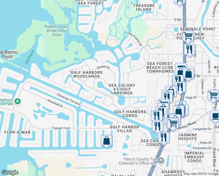 map of restaurants, bars, coffee shops, grocery stores, and more near 4568 Mitcher Road in Port Richey