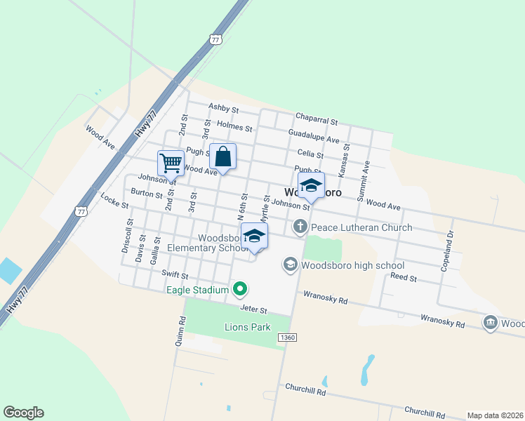 map of restaurants, bars, coffee shops, grocery stores, and more near 615 Burton Street in Woodsboro
