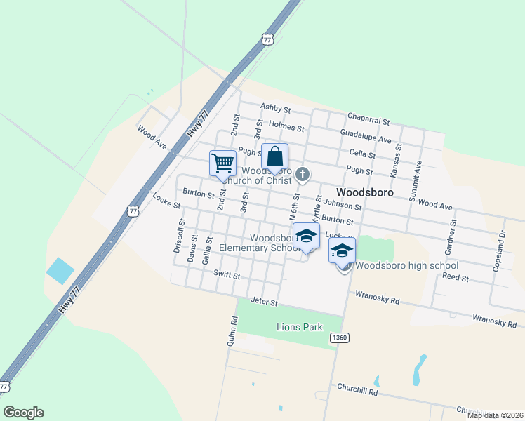 map of restaurants, bars, coffee shops, grocery stores, and more near 314 Burton Street in Woodsboro