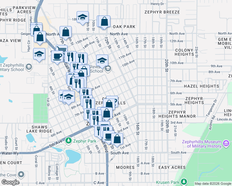map of restaurants, bars, coffee shops, grocery stores, and more near 5504 10th Street in Zephyrhills