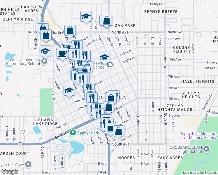 map of restaurants, bars, coffee shops, grocery stores, and more near 5455 9th Street in Zephyrhills