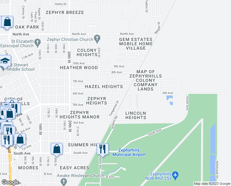 map of restaurants, bars, coffee shops, grocery stores, and more near 5509 Laura Street in Zephyrhills