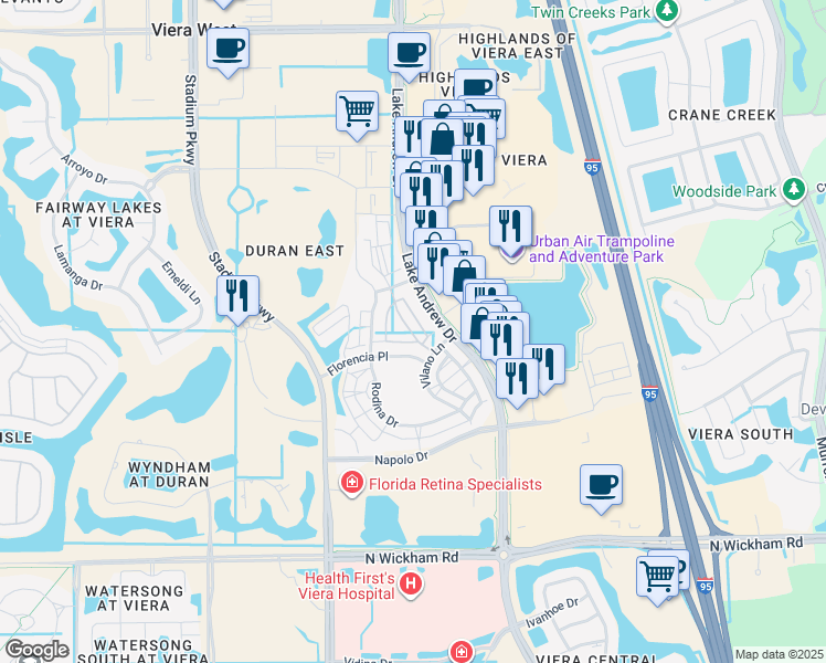 map of restaurants, bars, coffee shops, grocery stores, and more near 2418 Casona Lane in Melbourne