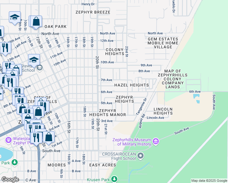 map of restaurants, bars, coffee shops, grocery stores, and more near 39100 6th Avenue in Zephyrhills