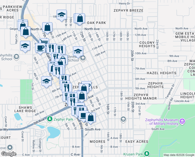 map of restaurants, bars, coffee shops, grocery stores, and more near 5446 11th Street in Zephyrhills