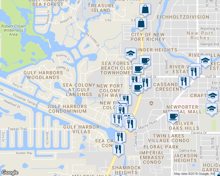 map of restaurants, bars, coffee shops, grocery stores, and more near 4937 Getner Street in New Port Richey
