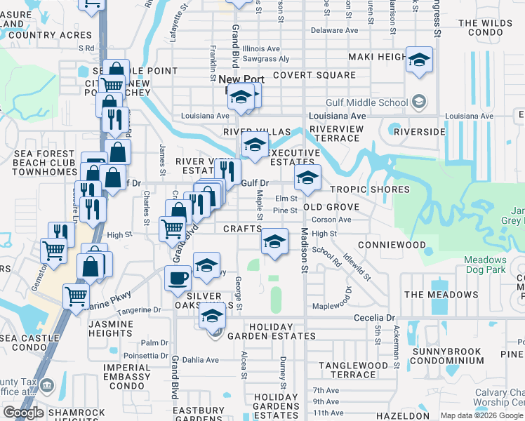 map of restaurants, bars, coffee shops, grocery stores, and more near 5839 Pine Street in New Port Richey