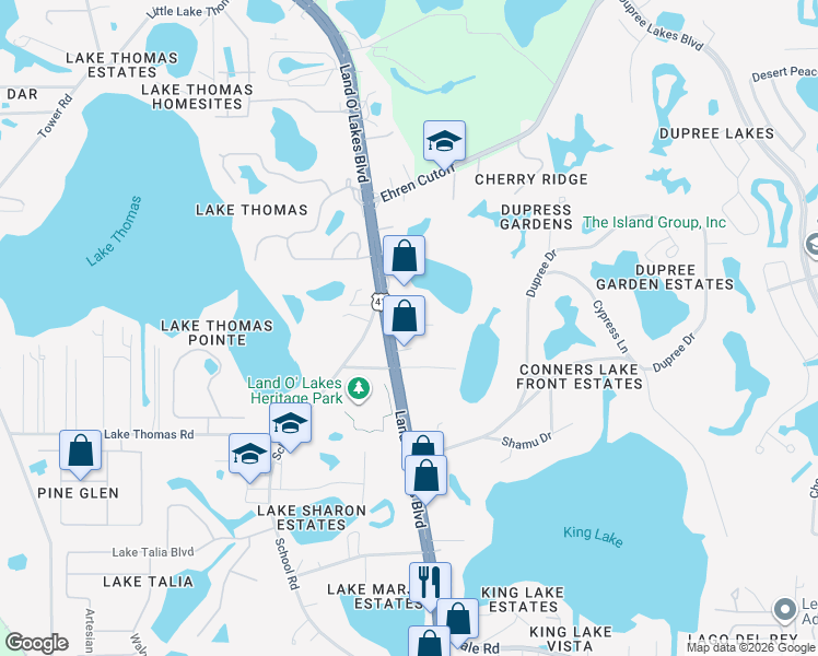 map of restaurants, bars, coffee shops, grocery stores, and more near 21600 Brett Lane in Land O' Lakes