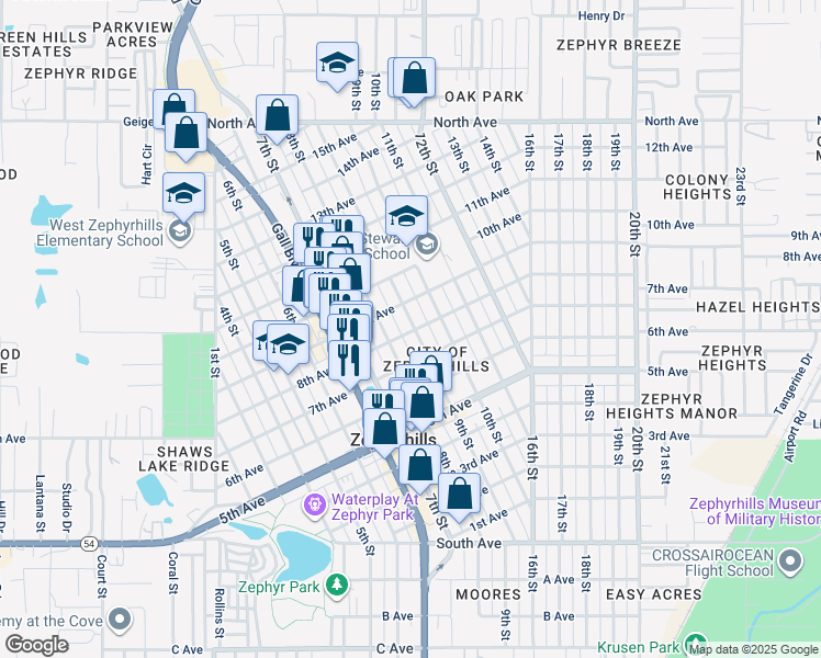 map of restaurants, bars, coffee shops, grocery stores, and more near 5455 9th Street in Zephyrhills