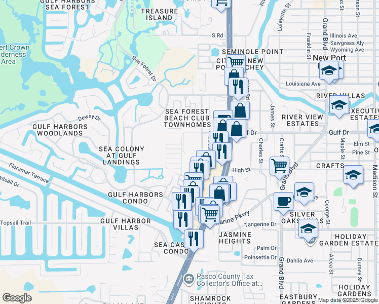 map of restaurants, bars, coffee shops, grocery stores, and more near 5438 Charlotte Avenue in New Port Richey