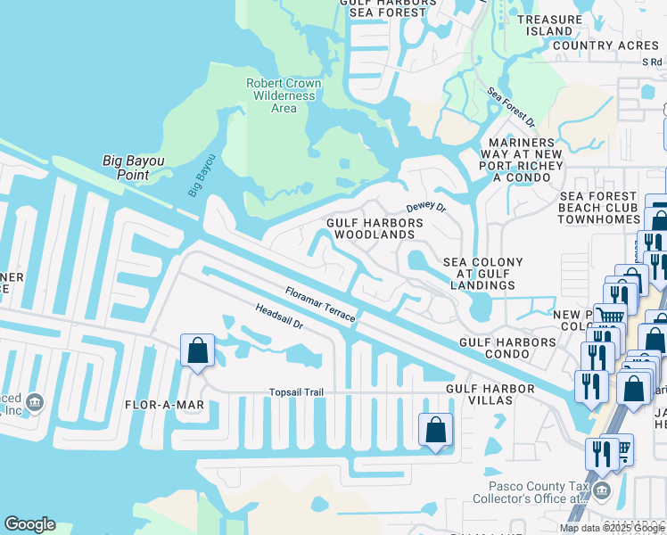 map of restaurants, bars, coffee shops, grocery stores, and more near 5402 Lawrence Lane in New Port Richey