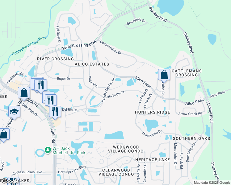 map of restaurants, bars, coffee shops, grocery stores, and more near 9519 Vía Segovia in New Port Richey