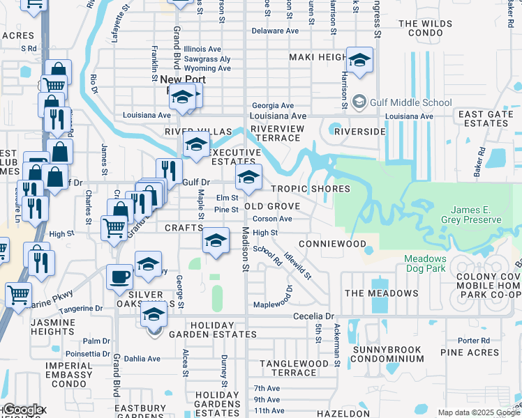 map of restaurants, bars, coffee shops, grocery stores, and more near 6026 Arthur Avenue in New Port Richey