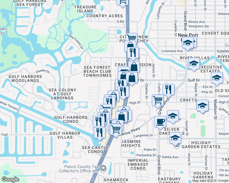 map of restaurants, bars, coffee shops, grocery stores, and more near 5359 Leisure Lane in New Port Richey