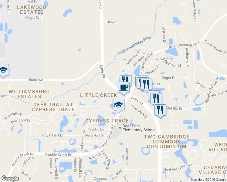map of restaurants, bars, coffee shops, grocery stores, and more near 8610 Great Egret Trce in New Port Richey