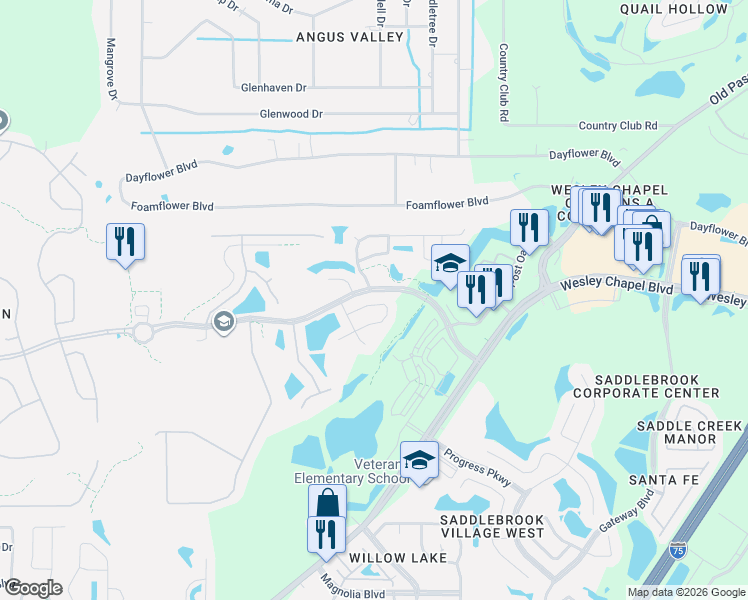 map of restaurants, bars, coffee shops, grocery stores, and more near 26725 Middleground Loop in Zephyrhills