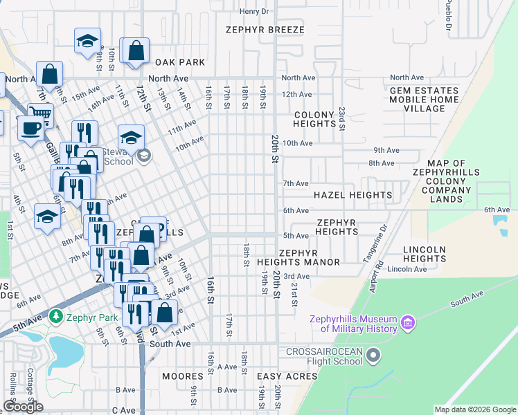 map of restaurants, bars, coffee shops, grocery stores, and more near 5505 19th Street in Zephyrhills