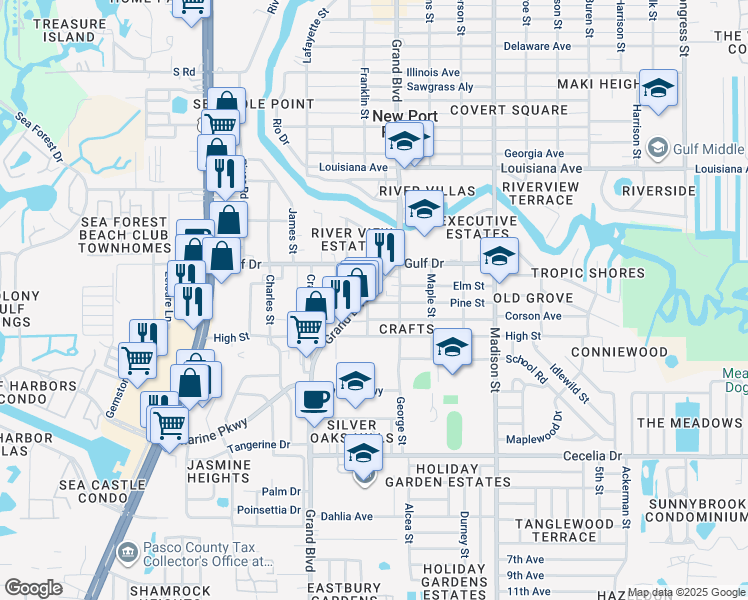 map of restaurants, bars, coffee shops, grocery stores, and more near 5647 Pine Street in Port Richey