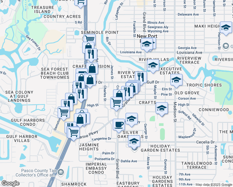 map of restaurants, bars, coffee shops, grocery stores, and more near 25 Crafts Street in New Port Richey