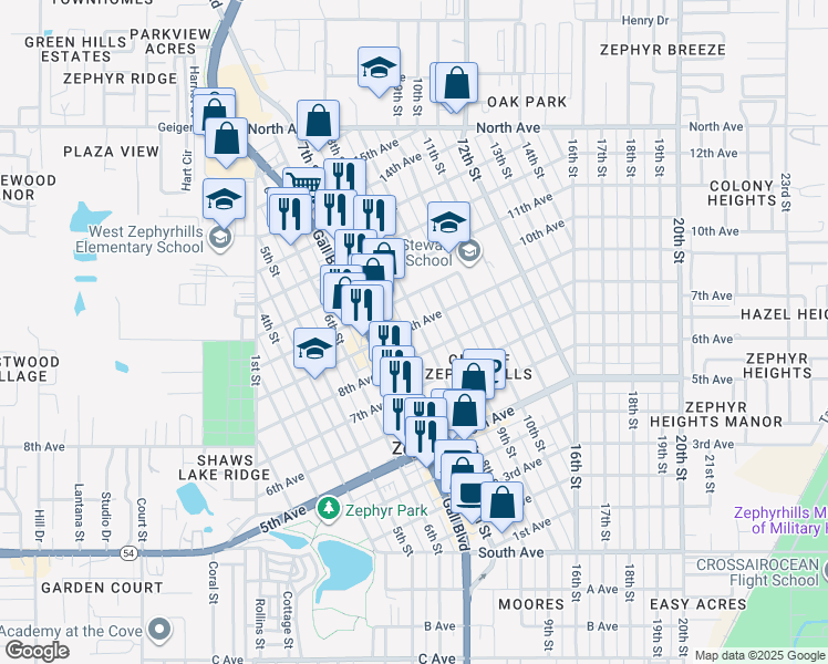 map of restaurants, bars, coffee shops, grocery stores, and more near 5513 8th Street in Zephyrhills