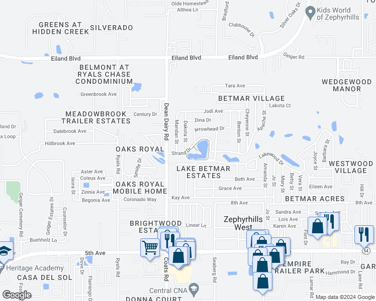 map of restaurants, bars, coffee shops, grocery stores, and more near 36600 Strand Drive in Zephyrhills