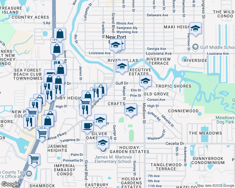 map of restaurants, bars, coffee shops, grocery stores, and more near 5743 Pine Street in New Port Richey