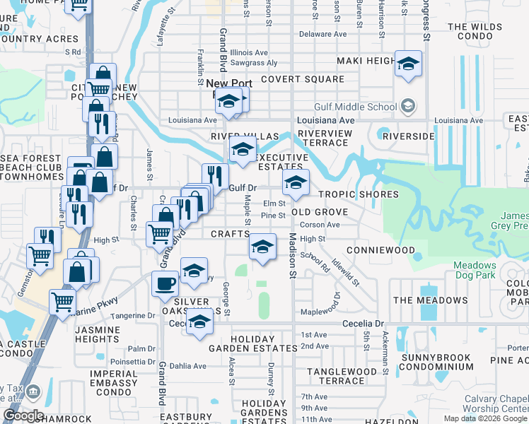 map of restaurants, bars, coffee shops, grocery stores, and more near 5839 Pine Street in New Port Richey