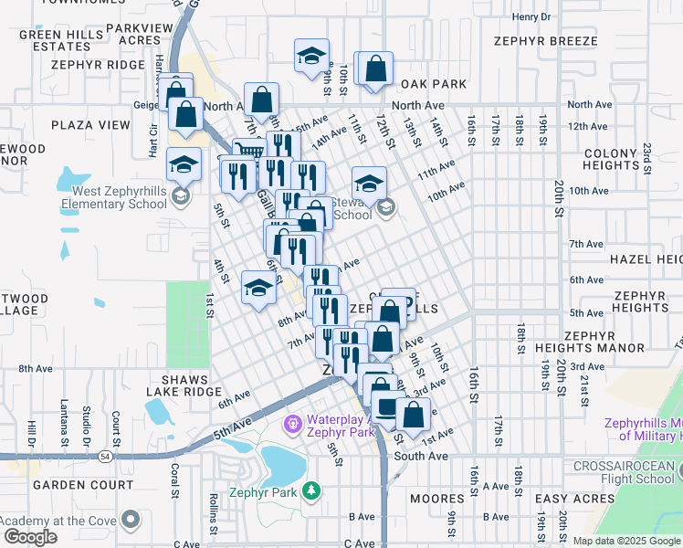 map of restaurants, bars, coffee shops, grocery stores, and more near 5513 8th Street in Zephyrhills