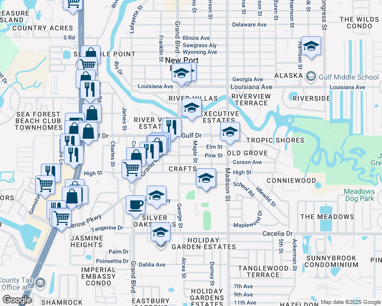 map of restaurants, bars, coffee shops, grocery stores, and more near 5743 Pine Street in New Port Richey