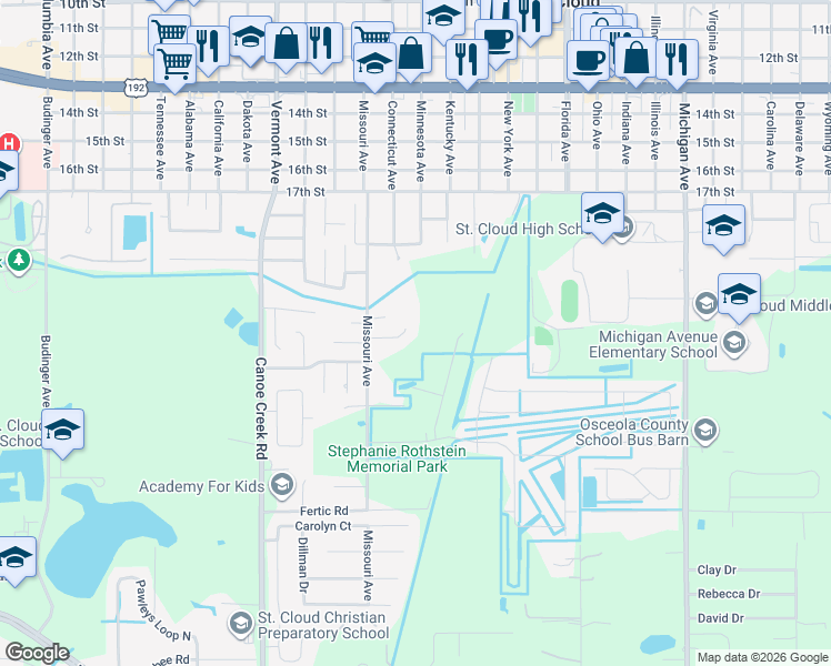 map of restaurants, bars, coffee shops, grocery stores, and more near 1651 Town Park Court in St. Cloud