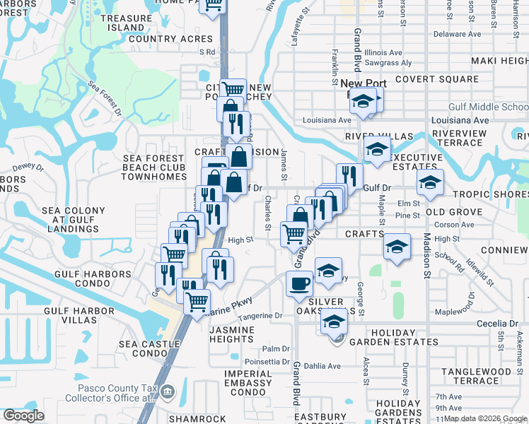 map of restaurants, bars, coffee shops, grocery stores, and more near 5407 Charles Street in New Port Richey