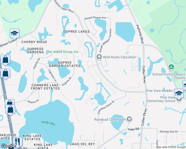 map of restaurants, bars, coffee shops, grocery stores, and more near 5535 Shasta Daisy Place in Land O' Lakes