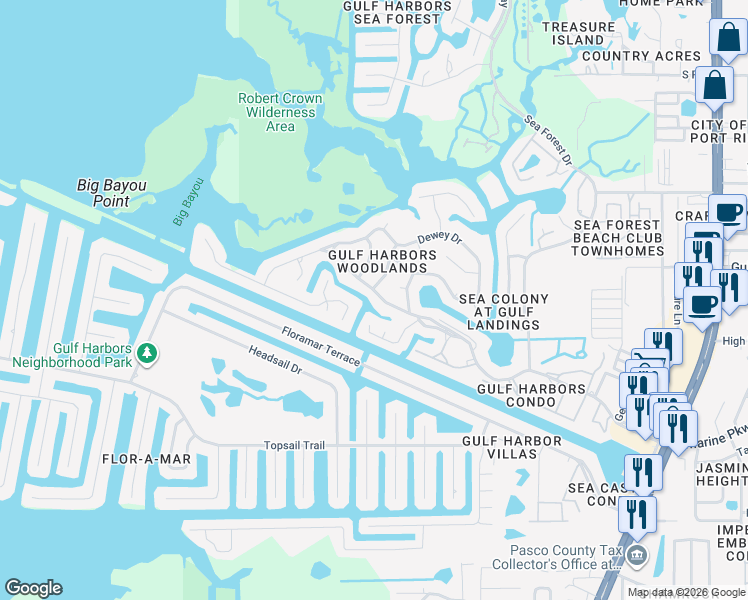 map of restaurants, bars, coffee shops, grocery stores, and more near 4257 Perry Place in Port Richey