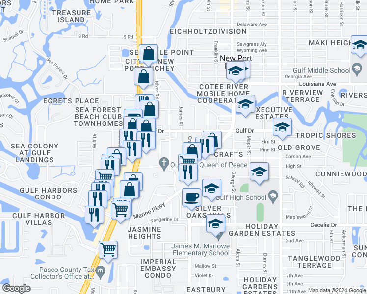 map of restaurants, bars, coffee shops, grocery stores, and more near 5408 James Street in New Port Richey