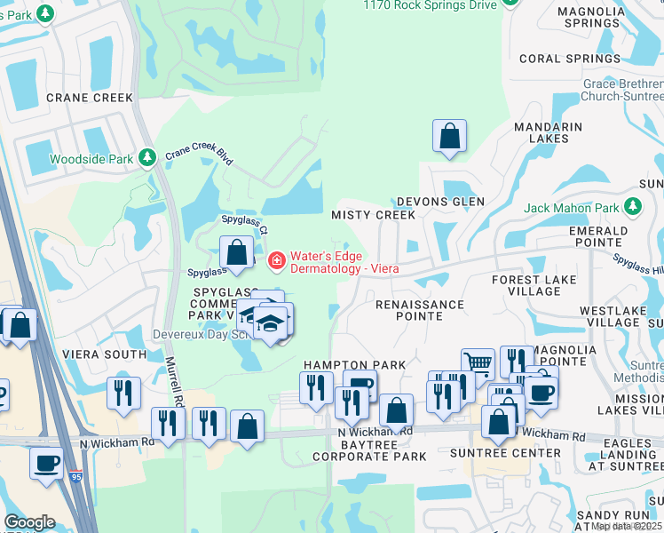 map of restaurants, bars, coffee shops, grocery stores, and more near 7955 Spyglass Hill Road in Melbourne