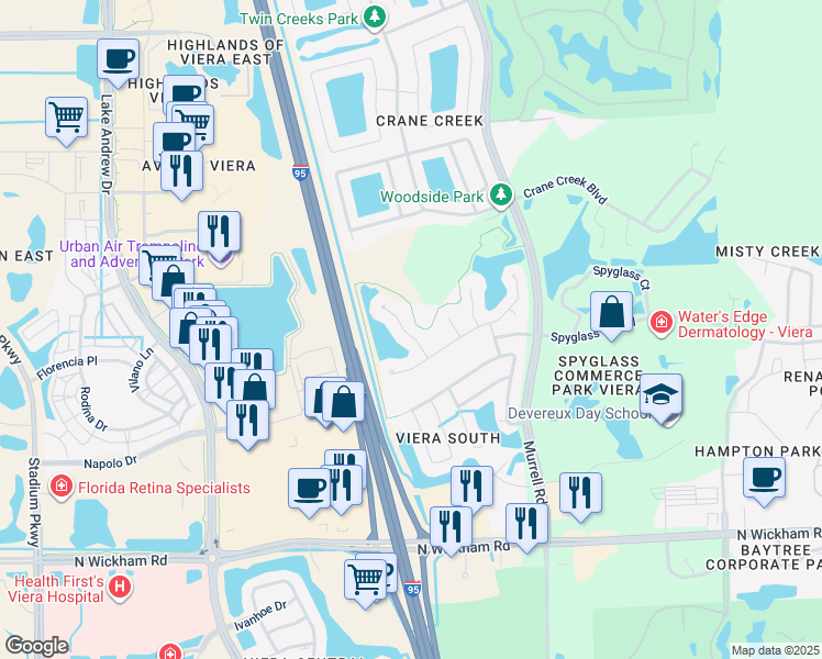 map of restaurants, bars, coffee shops, grocery stores, and more near 6957 Blackberry Court in Melbourne