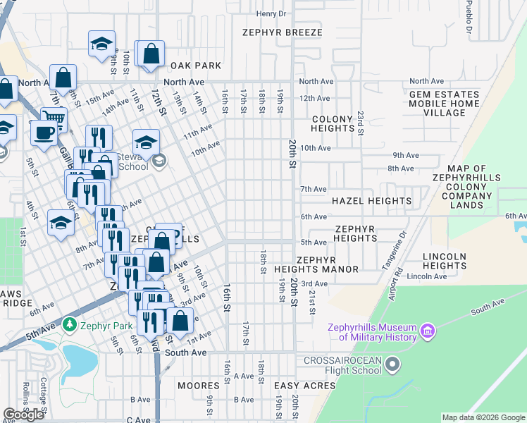 map of restaurants, bars, coffee shops, grocery stores, and more near 5505 19th Street in Zephyrhills