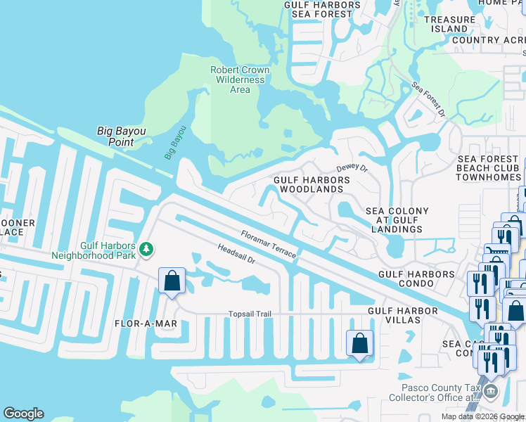 map of restaurants, bars, coffee shops, grocery stores, and more near 5402 Lawrence Lane in New Port Richey
