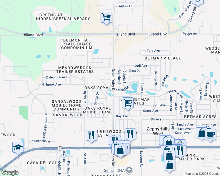 map of restaurants, bars, coffee shops, grocery stores, and more near 36434 Malibu Way in Zephyrhills