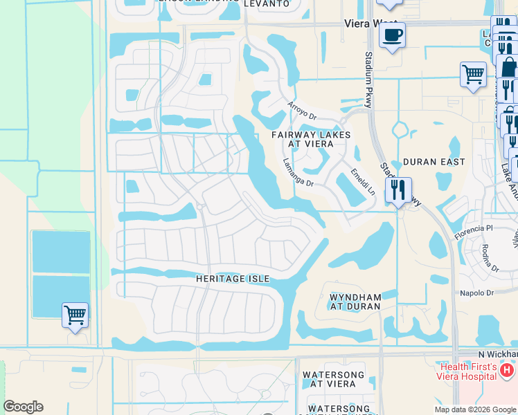 map of restaurants, bars, coffee shops, grocery stores, and more near 2520 Camberly Circle in Melbourne