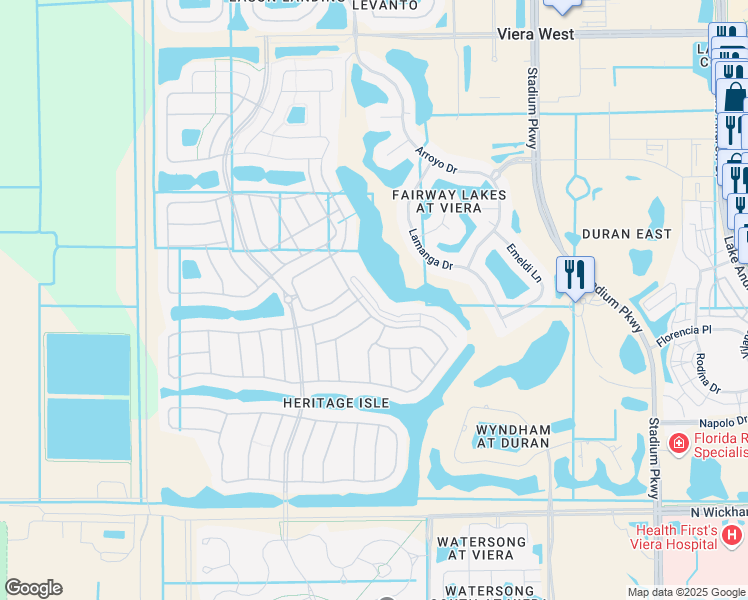 map of restaurants, bars, coffee shops, grocery stores, and more near 2520 Camberly Circle in Melbourne