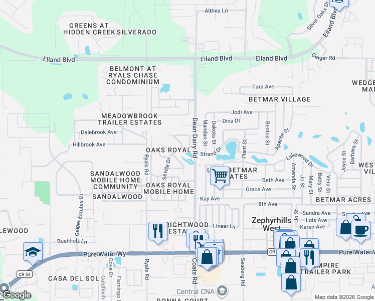 map of restaurants, bars, coffee shops, grocery stores, and more near 36446 Malibu Way in Zephyrhills