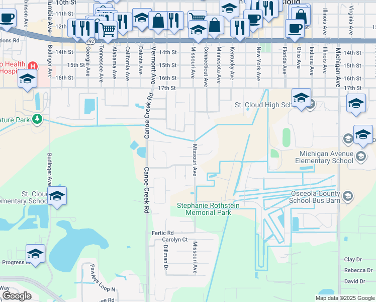 map of restaurants, bars, coffee shops, grocery stores, and more near 1851 Cactus Court in Saint Cloud