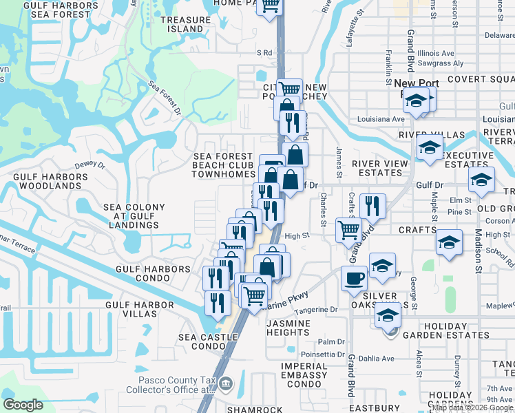 map of restaurants, bars, coffee shops, grocery stores, and more near 5359 Leisure Lane in New Port Richey