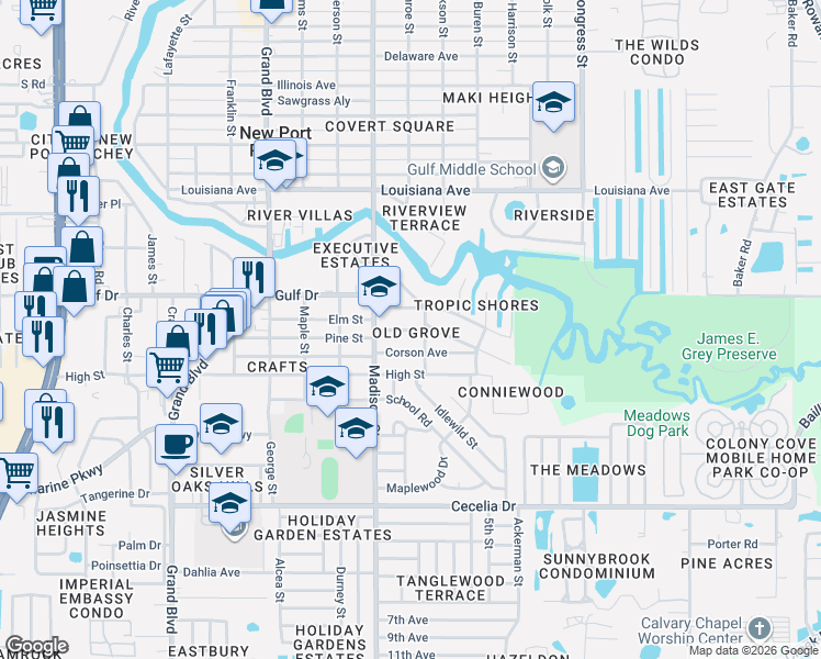 map of restaurants, bars, coffee shops, grocery stores, and more near 6026 Arthur Avenue in New Port Richey